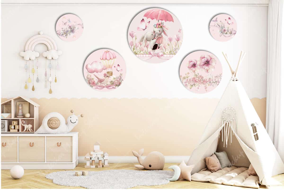 Zestaw 5 Okrągłych Obrazków- Różowe Króliczki i Kwiaty | Dekoracje do pokoju dziewczynki 42190 - zdjęcie 5