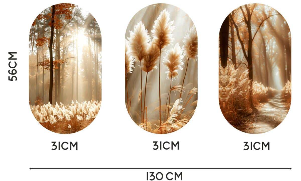 Eleganckie Obrazy na ścianę- Złoty Las i Trawa Pampasowa | Zestaw 3 Owalnych Obrazów Boho 82372 - zdjęcie 4