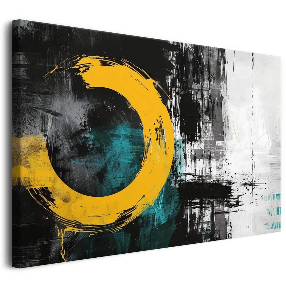 Nowoczesny obraz na ścianę - Abstrakcja z żółtym kołem | Czarno-szary obraz na płótnie w Stylu Industrialnym 68102
