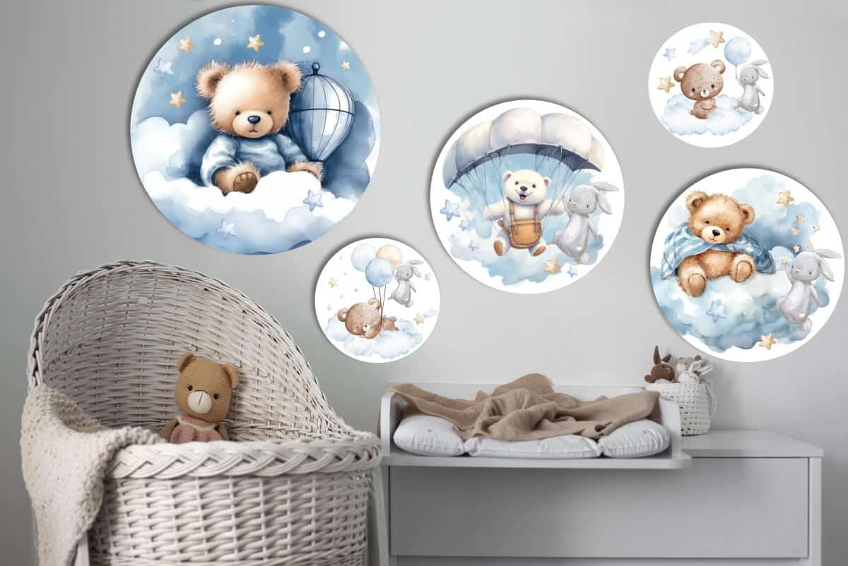 Okrągłe obrazy dla dzieci- Misie na chmurkach | Niebieskie obrazki do pokoju chłopca 42189 - zdjęcie 6