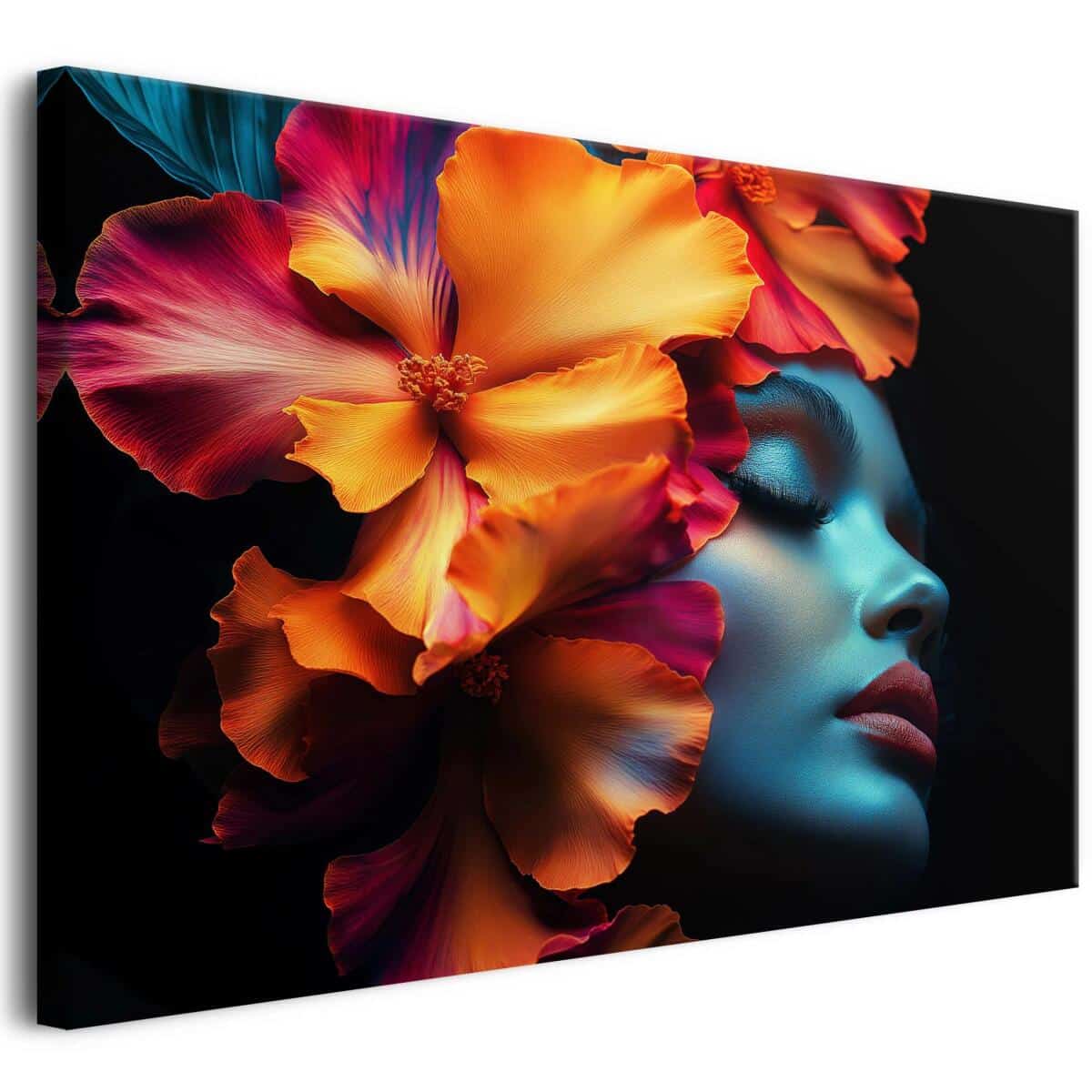 Elegancki Portret Kobiety z kolorowymi kwiatami- Modny Obraz na ścianę do stylowych wnętrz 81578