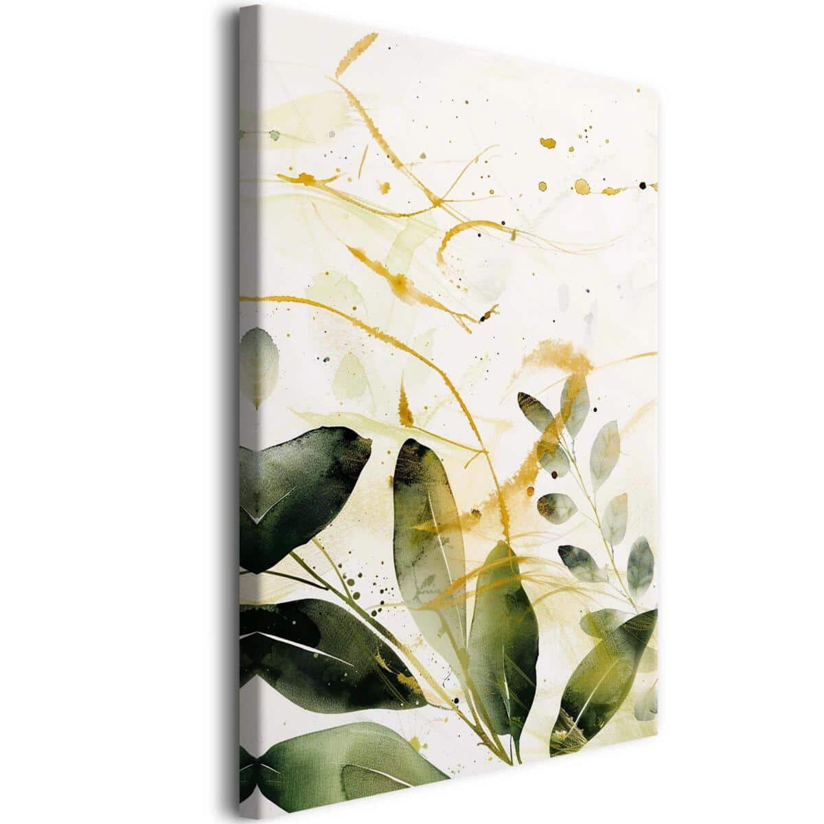 Obraz do salonu- akwarelowe zielone liście | Subtelna, minimalistyczna dekoracja na ścianę Zieleń i Złoto 68210
