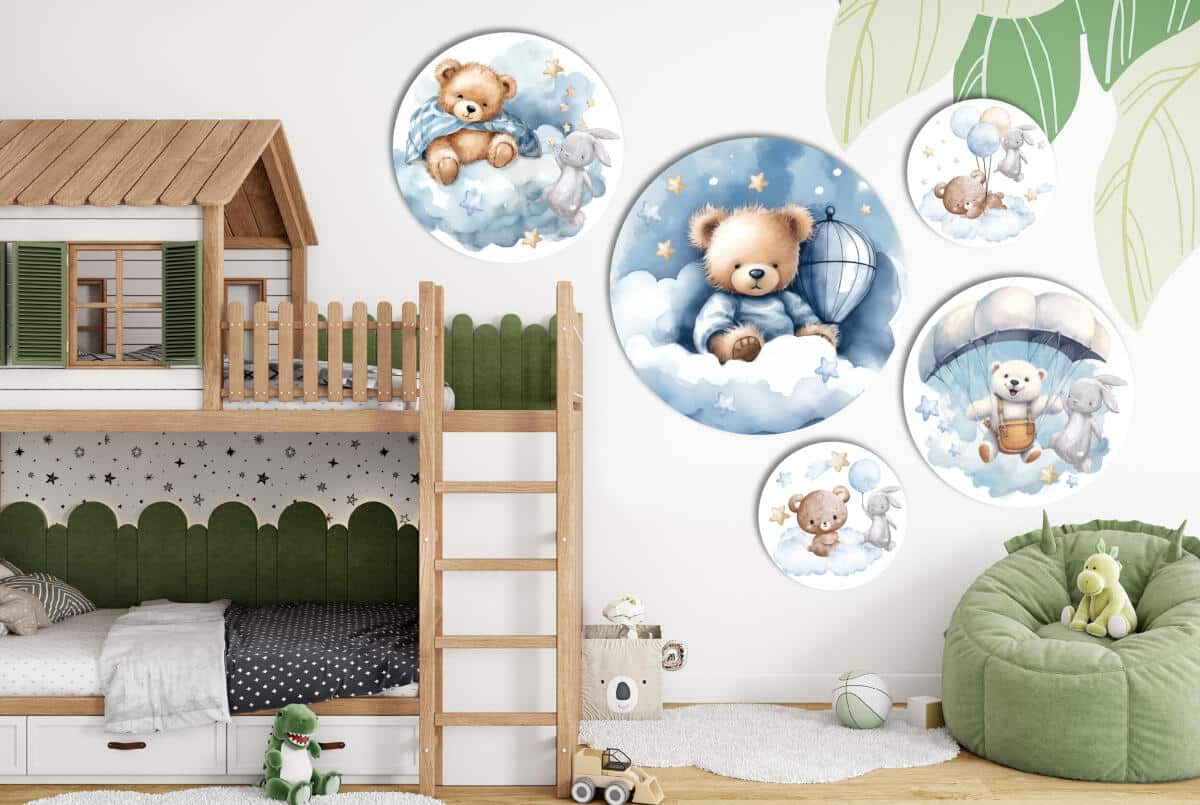 Okrągłe obrazy dla dzieci- Misie na chmurkach | Niebieskie obrazki do pokoju chłopca 42189 - zdjęcie 7