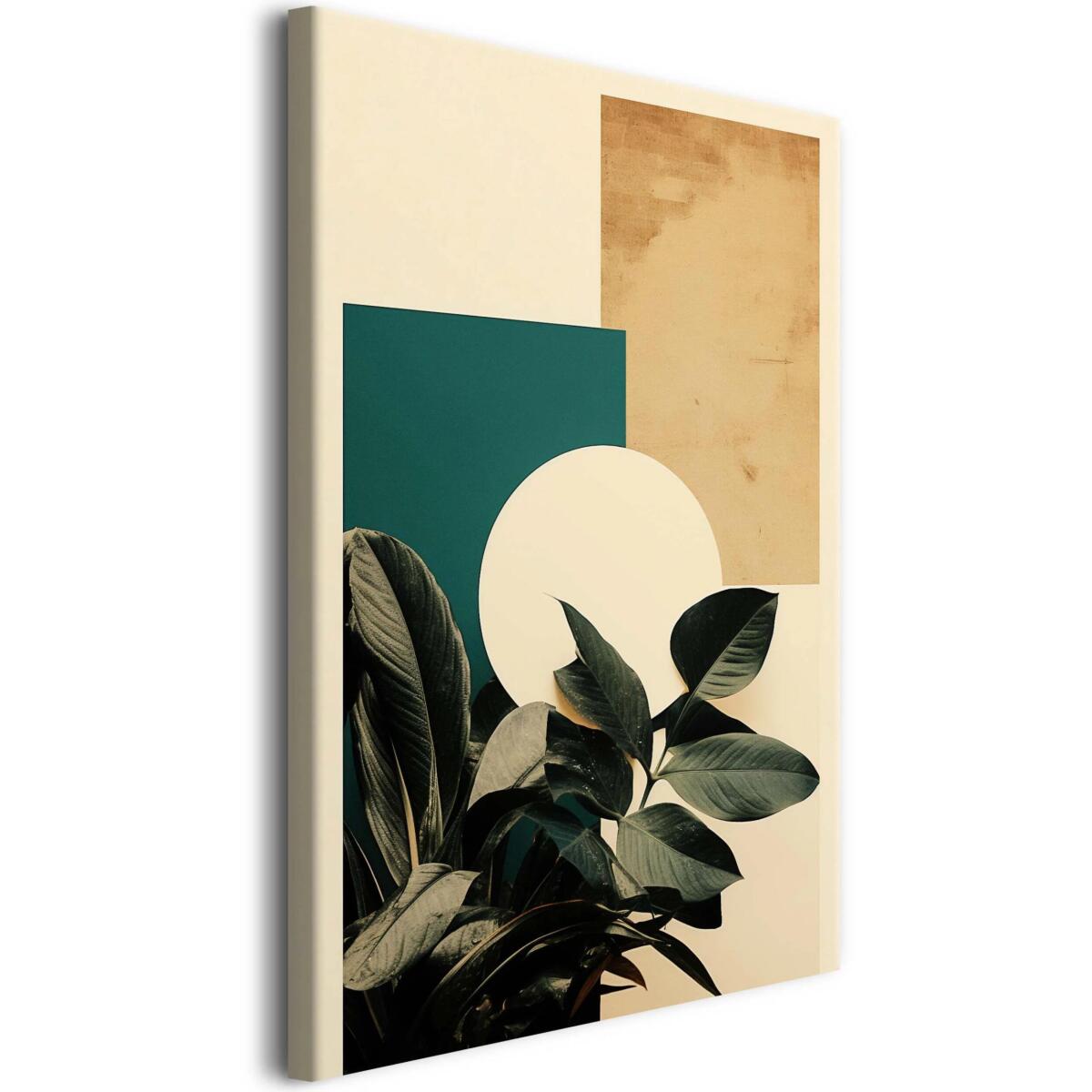 Obraz do wnętrz w stylu Japandi- Minimalistyczny obraz do salonu Zielone liście i geometryczne kształty 68206
