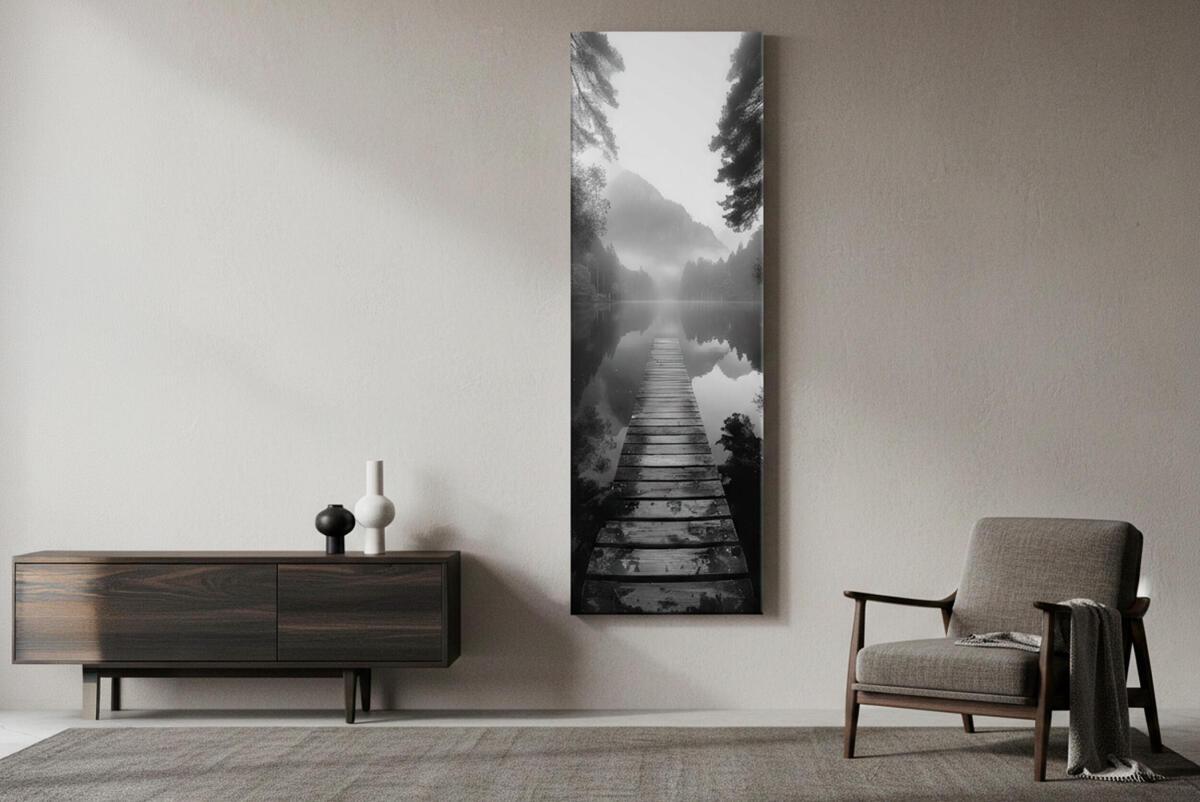 Czarno-biały Obraz na płótnie- Jezioro, Pomost i Góry | Nastrojowy Krajobraz na ścianę 94235 - zdjęcie 4