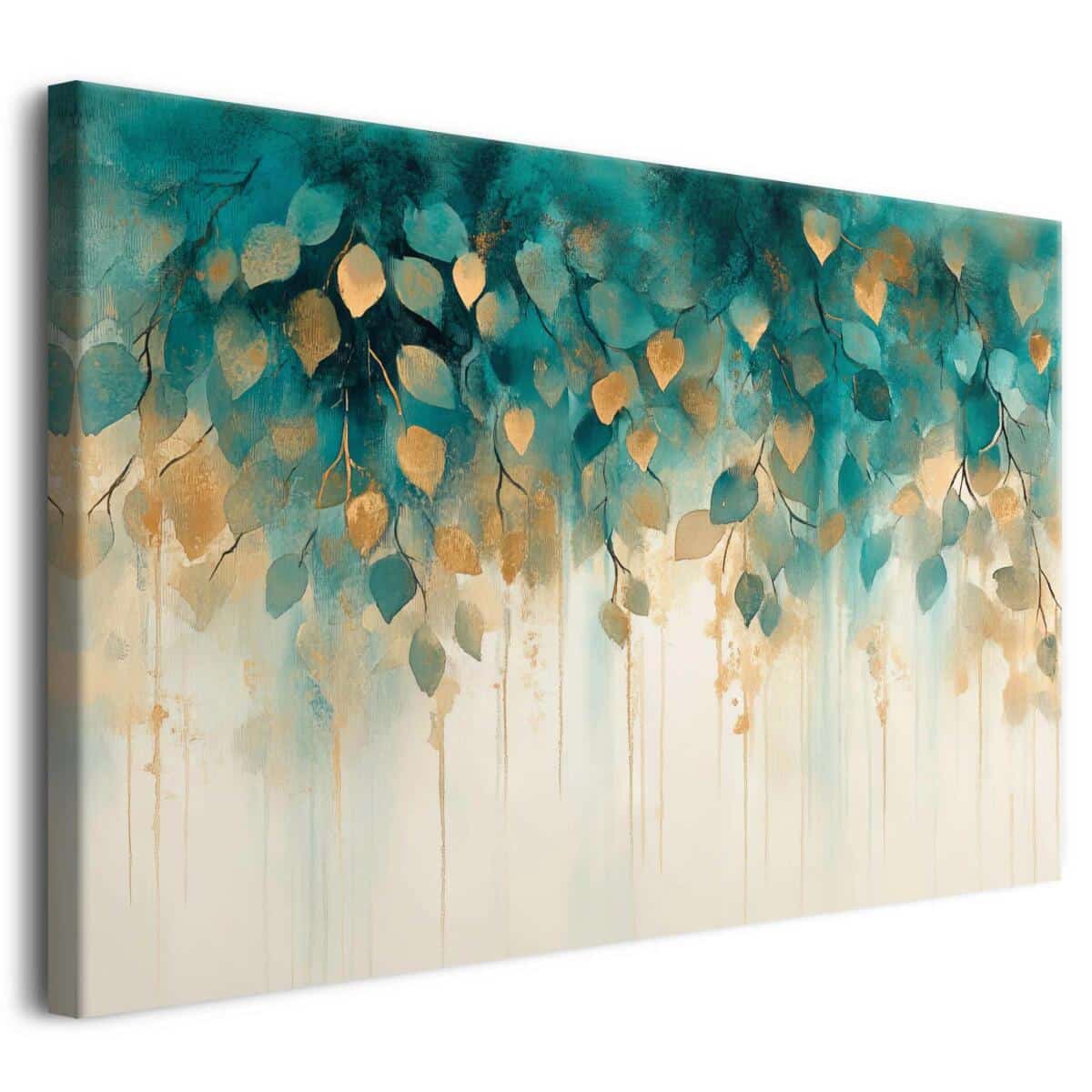Złote liście na turkusowym tle – elegancki obraz na ścianę | Nowoczesna dekoracja do salonu lub sypialni w stylu Glamour 68170