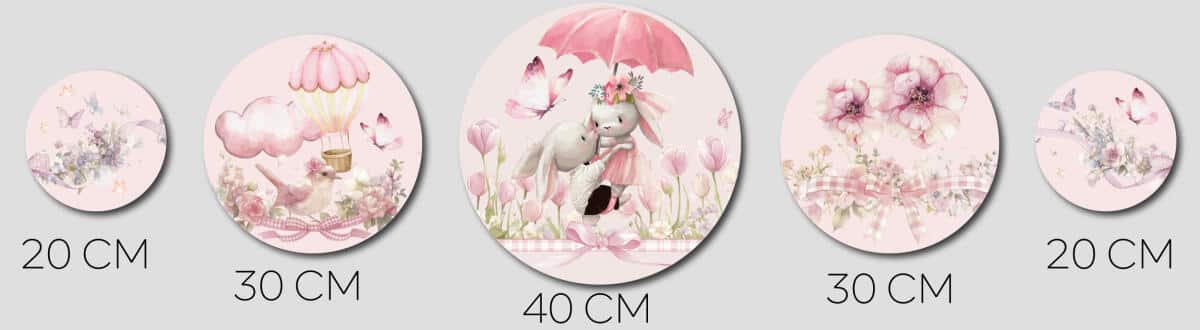 Zestaw 5 Okrągłych Obrazków- Różowe Króliczki i Kwiaty | Dekoracje do pokoju dziewczynki 42190 - zdjęcie 8