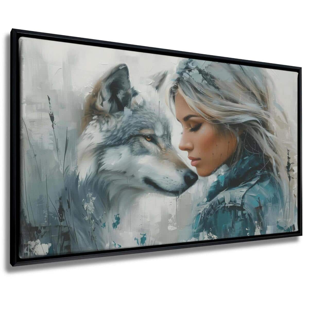 Obraz na płótnie w Ramie American Box | Kobieta i Wilk | Nowoczesna dekoracja w szarości i błękicie R73075