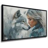 Obraz na płótnie w Ramie American Box | Kobieta i Wilk | Nowoczesna dekoracja w szarości i błękicie R73075 - miniaturka 1