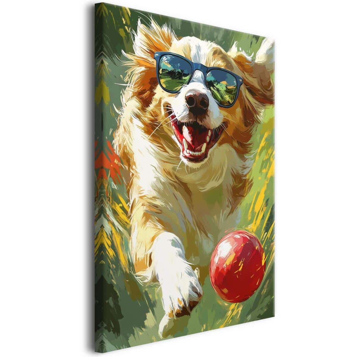 Obraz młodzieżowy – Pies w okularach z piłką | Kolorowa dekoracja na ścianę do pokoju dziecka i nastolatka O94213