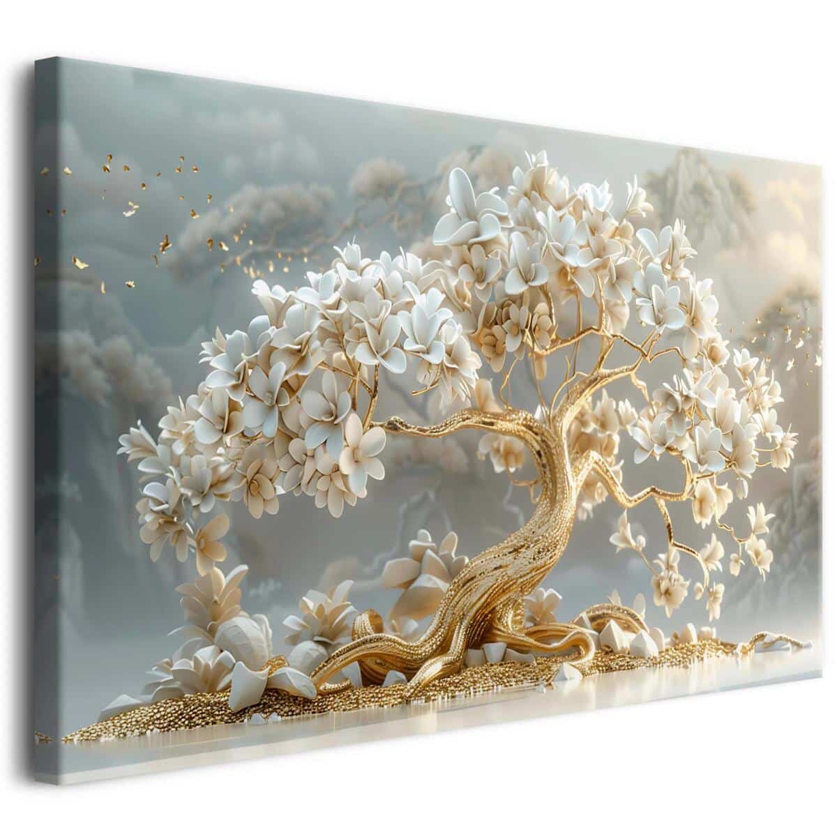 Obraz na płótnie- Złote Drzewo Bonsai | Nowoczesny Obraz Glamour – Kwitnące Drzewo | Dekoracja ścienna  do salonu, sypialni 68109