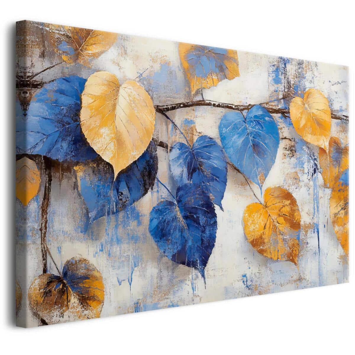 Nowoczesny obraz na płótnie – Liście w odcieniach niebieskiego i żółtego | Dekoracja ścienna z motywem liści 68171
