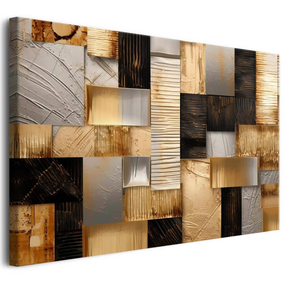 Elegancki obraz na ścianę- Abstrakcyjna Mozaika na Płótnie – Złoto, Srebro, Czerń | Dekoracja do nowoczesnych wnętrz 68124