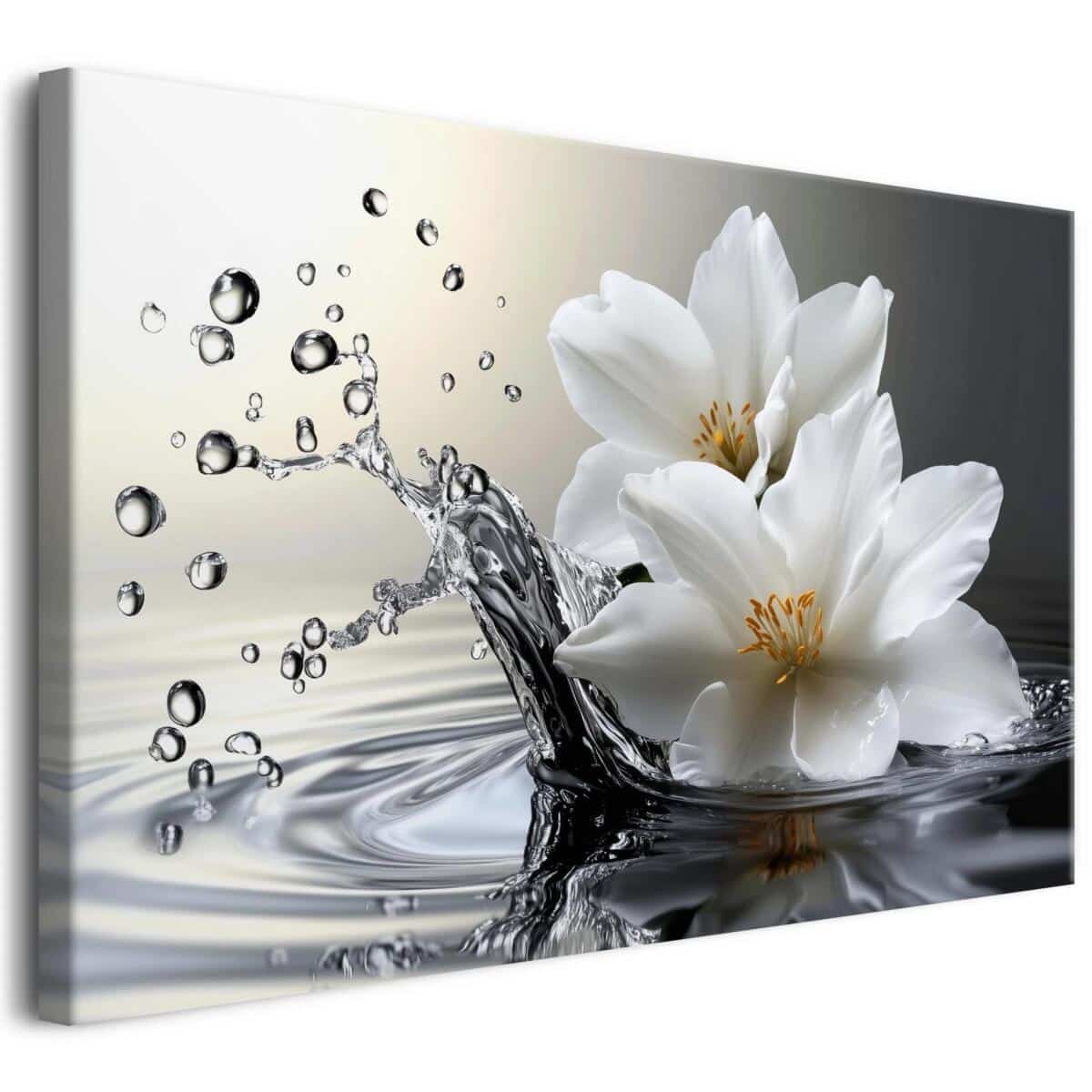 Obraz na płótnie: Białe kwiaty i krople wody – nowoczesna dekoracja do salonu 20969