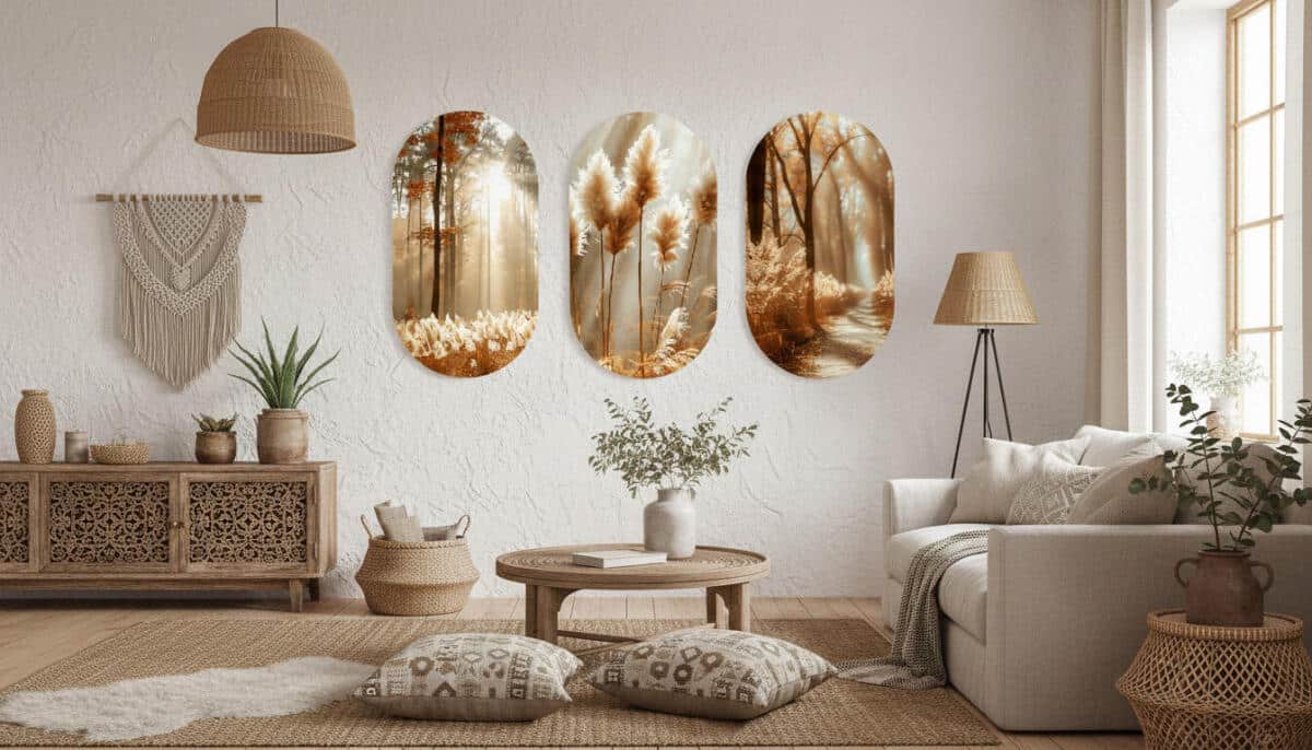 Eleganckie Obrazy na ścianę- Złoty Las i Trawa Pampasowa | Zestaw 3 Owalnych Obrazów Boho 82372 - zdjęcie 6
