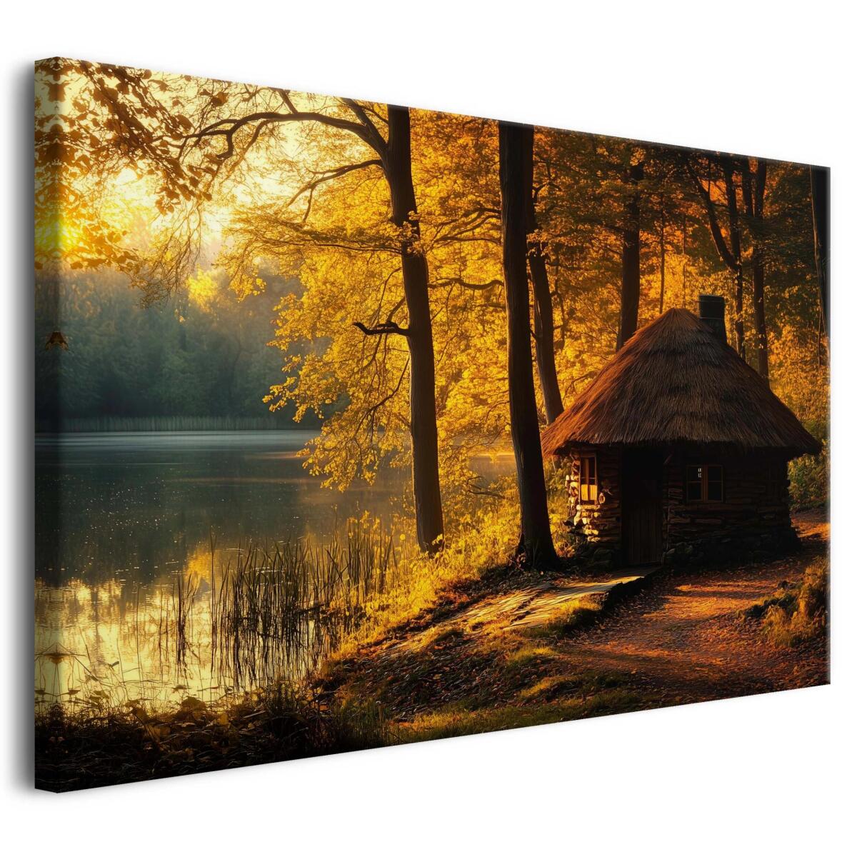 Leśny Pejzaż z rustykalną chatką | Obraz na ścianę- Jesienny krajobraz | Dekoracja do sypialni, salonu, gabinetu 68175