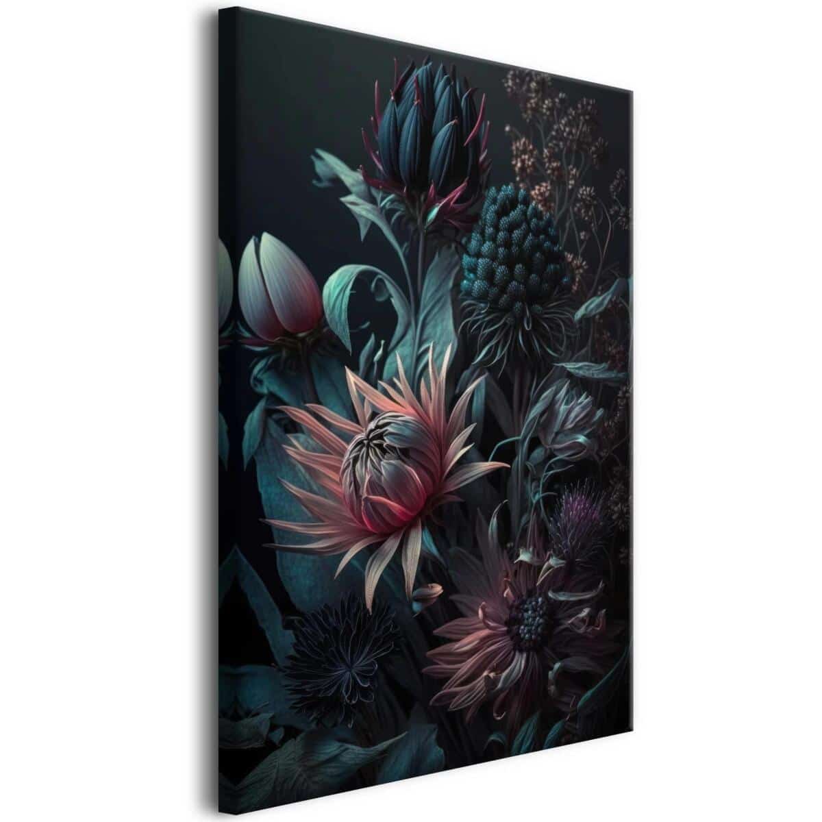 Obraz na Ścianę – Elegancka Kompozycja Kwiatów na Ciemnym Tle | Obraz na Płótnie – Ciemne Kwiaty w Stylu Gotyckim 68115