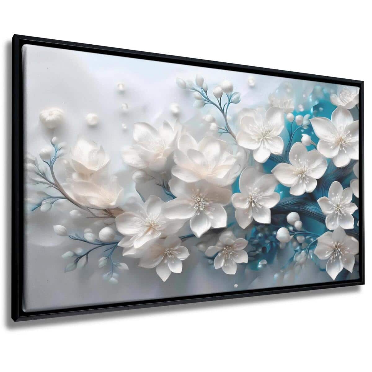 Obraz na płótnie w Ramie American Box | Subtelne Białe kwiaty na błękitnym tle | Dekoracja ścienna R20913