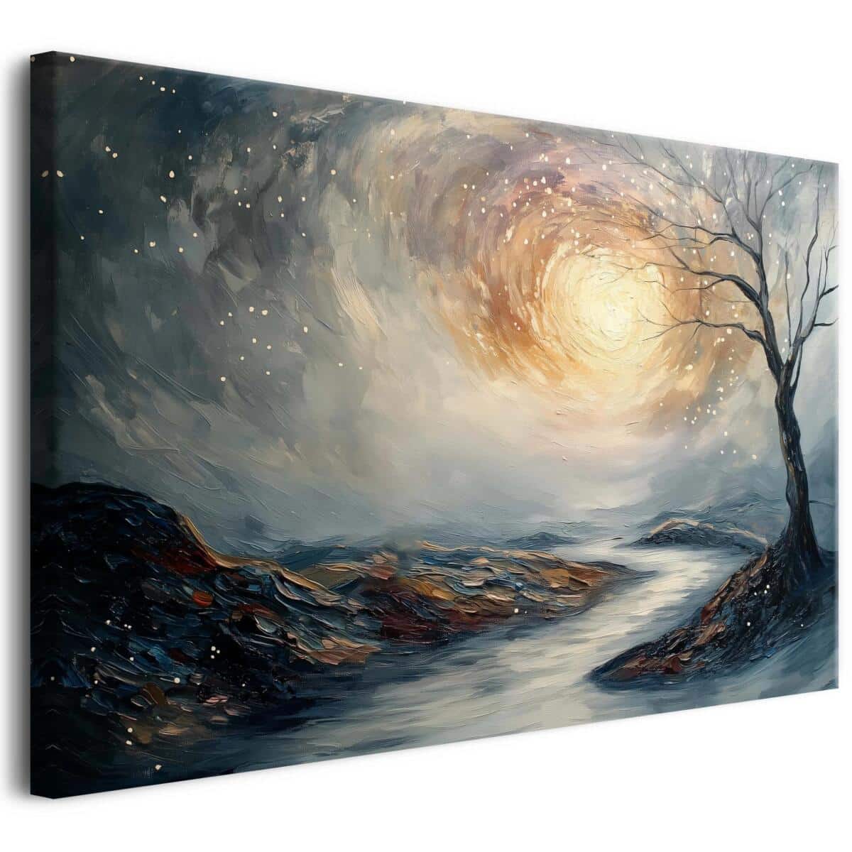 Melancholijny obraz na płótnie- Nostalgiczny pejzaż z samotnym drzewem i wirującym niebem | Dekoracja na ścianę do salonu, sypialni, gabinetu 20960