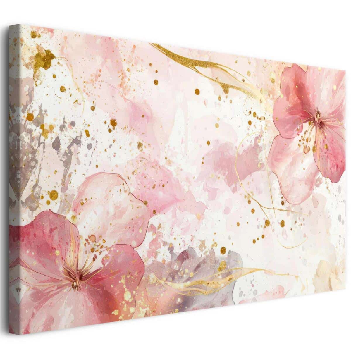 Elegancki obraz na ścianę – różowe kwiaty, złote akcenty | Romantyczna dekoracja w stylu akwareli 68217