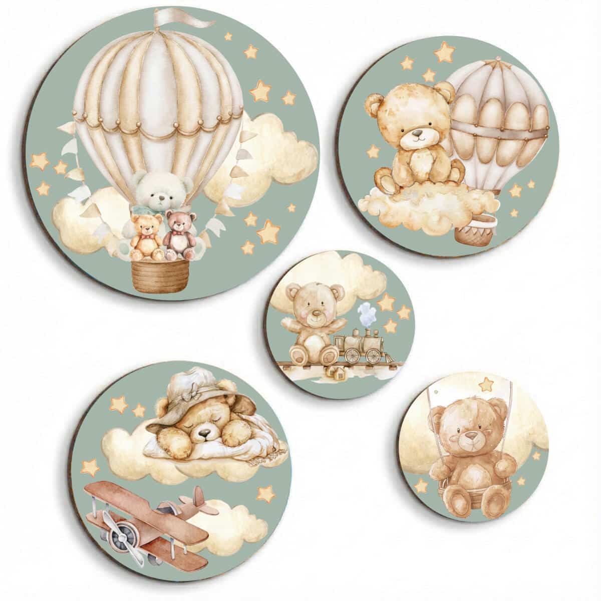 Okrągłe obrazy dla dzieci - Misie w chmurach | Pastelowa dekoracja ścienna do pokoju niemowlaka 42188 - zdjęcie 1