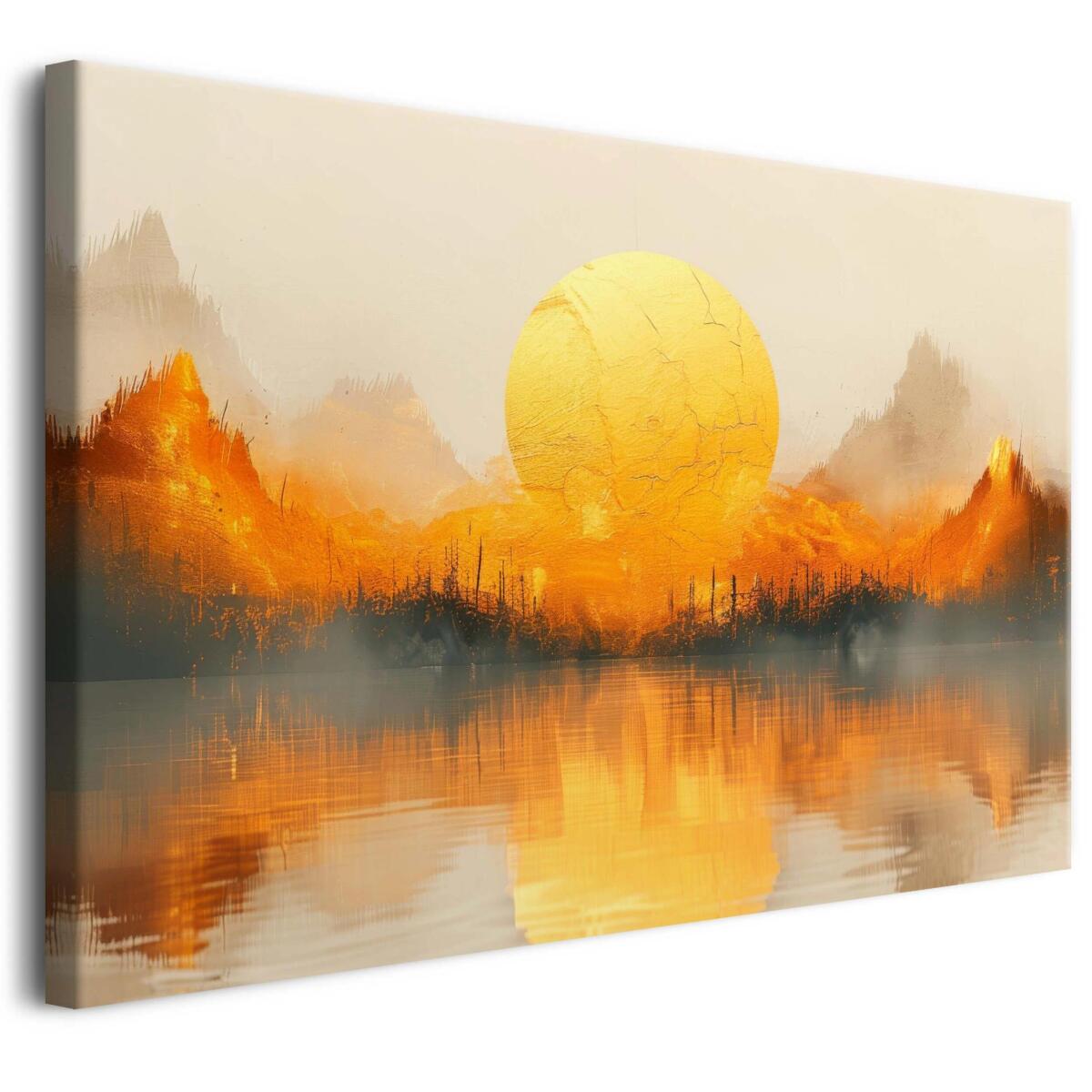 Złote Słońce nad Jeziorem – Elegancki Obraz na Ścianę | Abstrakcyjny krajobraz w złocie | Pejzaż Zachód Słońca 68164