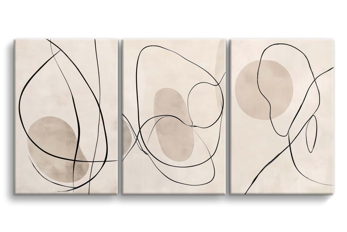 Abstrakcyjny Tryptyk na Ścianę – Czarne Linie i Beżowe Formy | Obrazy Line Art O94247 - zdjęcie 1