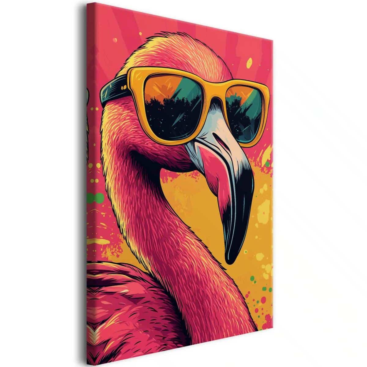 Obraz na płótnie Flaming w okularach | Kolorowa dekoracja ścienna | Tropikalny styl pop art do salonu, biura i pokoju młodzieżowego O94120