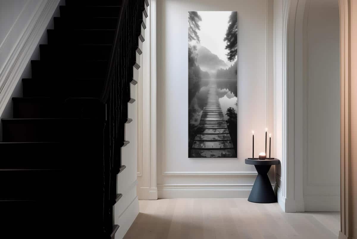 Czarno-biały Obraz na płótnie- Jezioro, Pomost i Góry | Nastrojowy Krajobraz na ścianę 94235 - zdjęcie 3