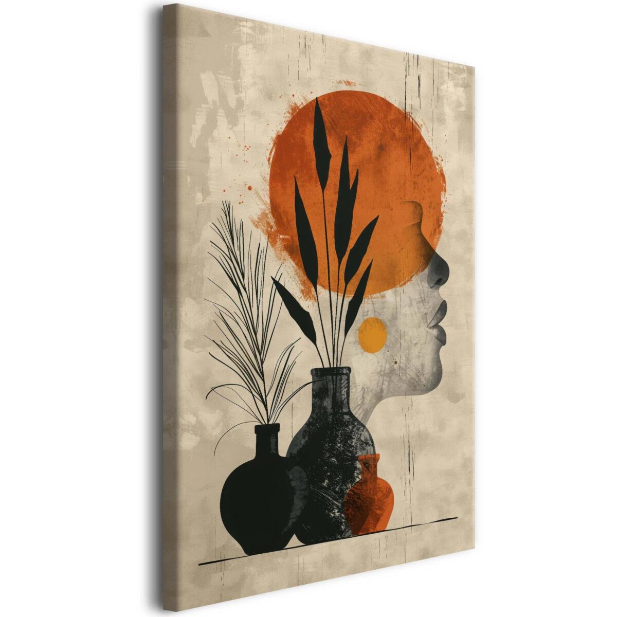 Obraz ścienny z twarzą kobiety i pomarańczowym słońcem | Minimalistyczna grafika na płótnie 68202