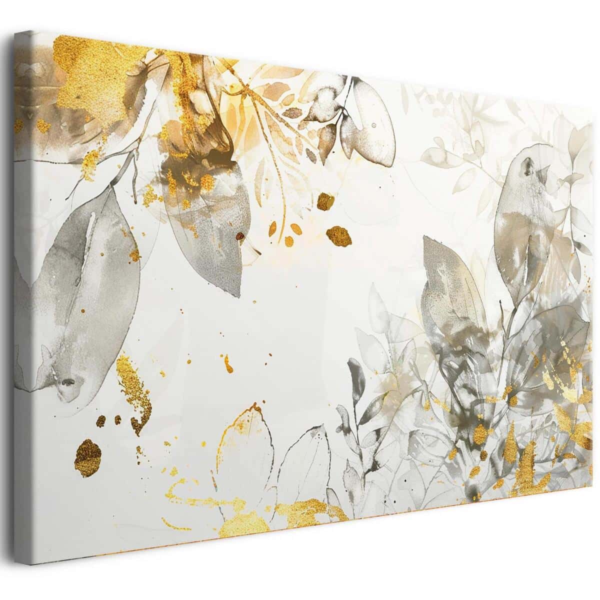 Nowoczesny Obraz na Płótnie z Liśćmi i Złotem – Dekoracja Glamour | Beżowo-Szara Kompozycja Roślinna na Ścianę 68194