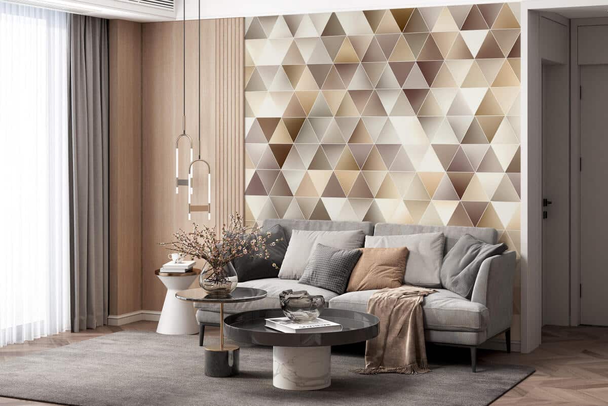 Nowoczesna Fototapeta 3D Trójkąty | Tapeta do salonu w odcieniach beżu, brązu, złota 94250