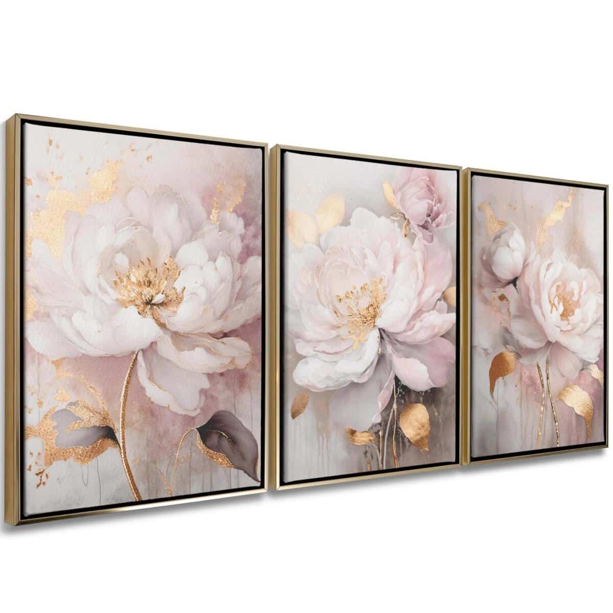 Obrazy w Ramie American Box | Elegancki Tryptyk z kwiatami i złotymi liśćmi | Duży Obraz na płótnie w dekoracyjnej oprawie R20886