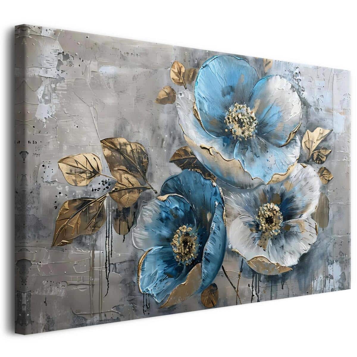 Elegancki obraz na ścianę Niebieskie Kwiaty – luksusowa dekoracja do salonu | Kwiatowa kompozycja na płótnie ze Złotymi akcentami 68108
