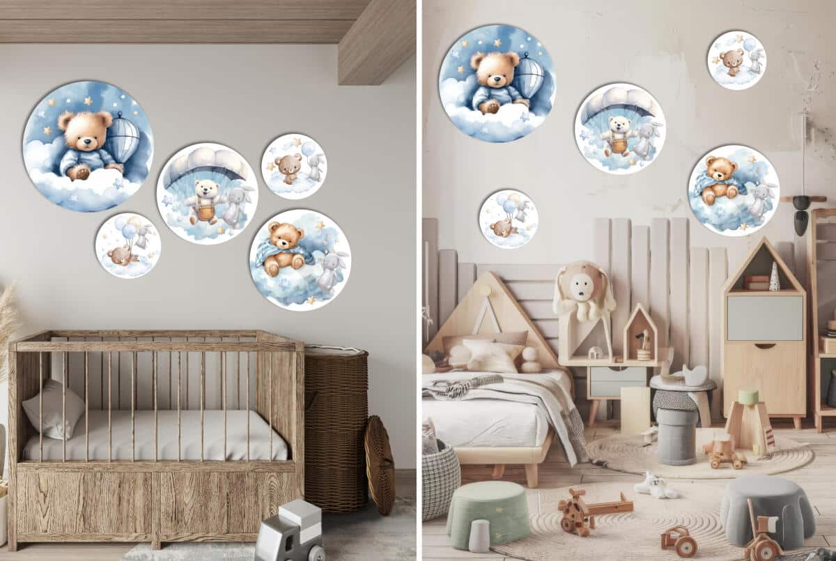 Okrągłe obrazy dla dzieci- Misie na chmurkach | Niebieskie obrazki do pokoju chłopca 42189 - zdjęcie 2