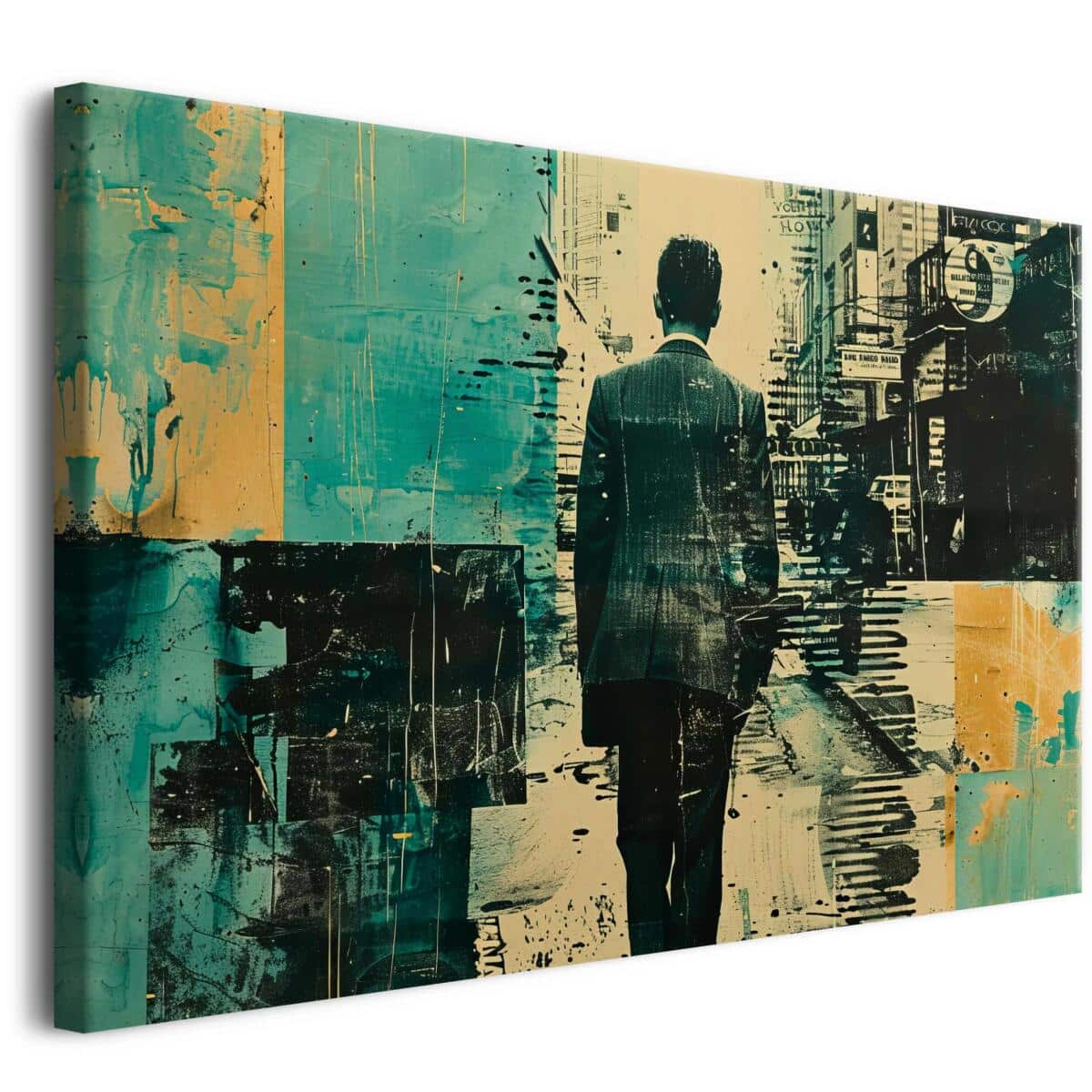 Sztuka współczesna na płótnie - Obraz z miastem i sylwetką mężczyzny | Dekoracja do wnętrz w stylu loftowym i vintage 68103