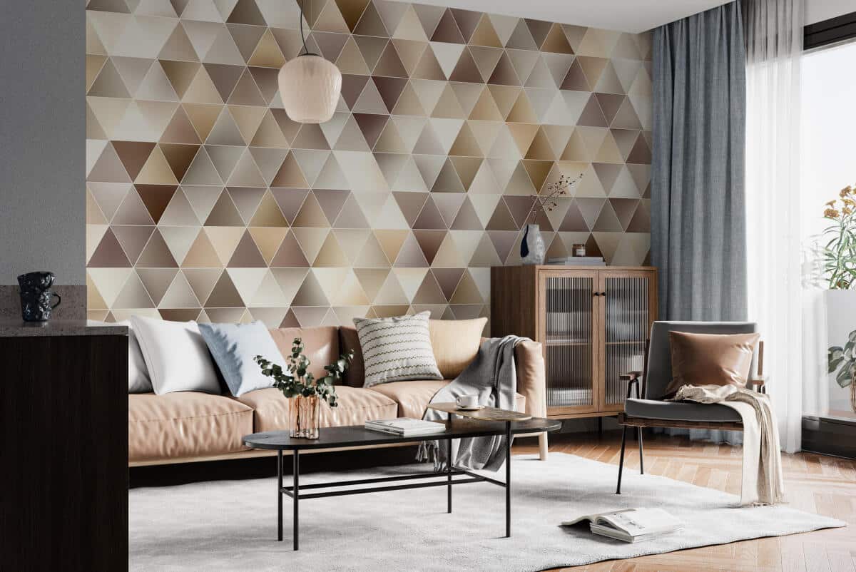 Nowoczesna Fototapeta 3D Trójkąty | Tapeta do salonu w odcieniach beżu, brązu, złota 94250 - zdjęcie 3