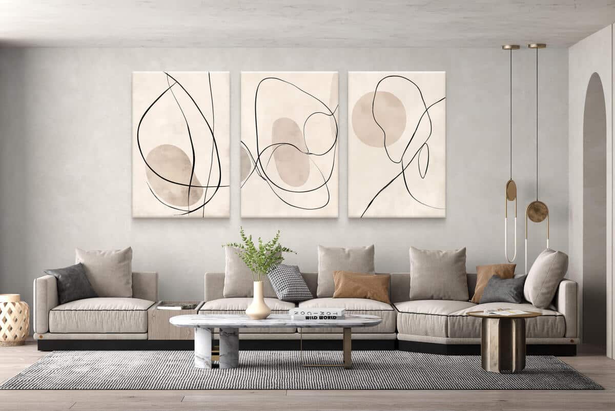 Abstrakcyjny Tryptyk na Ścianę – Czarne Linie i Beżowe Formy | Obrazy Line Art O94247 - zdjęcie 4