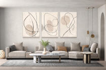 Abstrakcyjny Tryptyk na Ścianę – Czarne Linie i Beżowe Formy | Obrazy Line Art O94247 - miniaturka 4