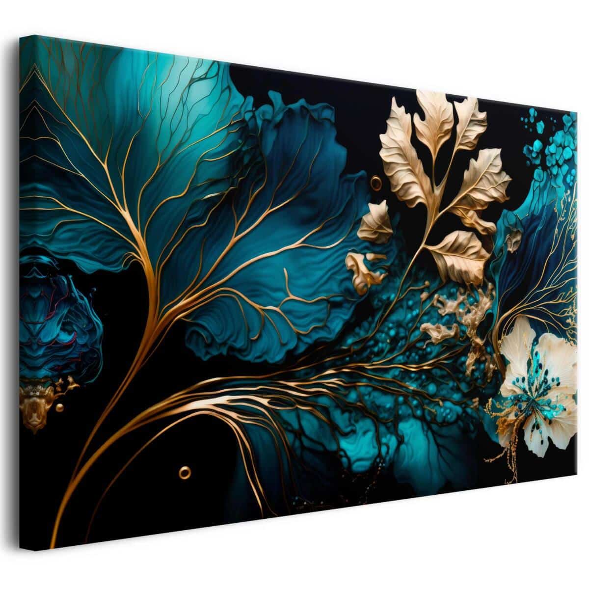 Obraz Turkus i Złoto – luksusowa abstrakcja na płótnie | Dekoracja ścienna z motywem liści i kwiatów w odcieniach złota i turkusu 68129 - zdjęcie 1