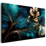 Obraz Turkus i Złoto – luksusowa abstrakcja na płótnie | Dekoracja ścienna z motywem liści i kwiatów w odcieniach złota i turkusu 68129 - miniaturka 1