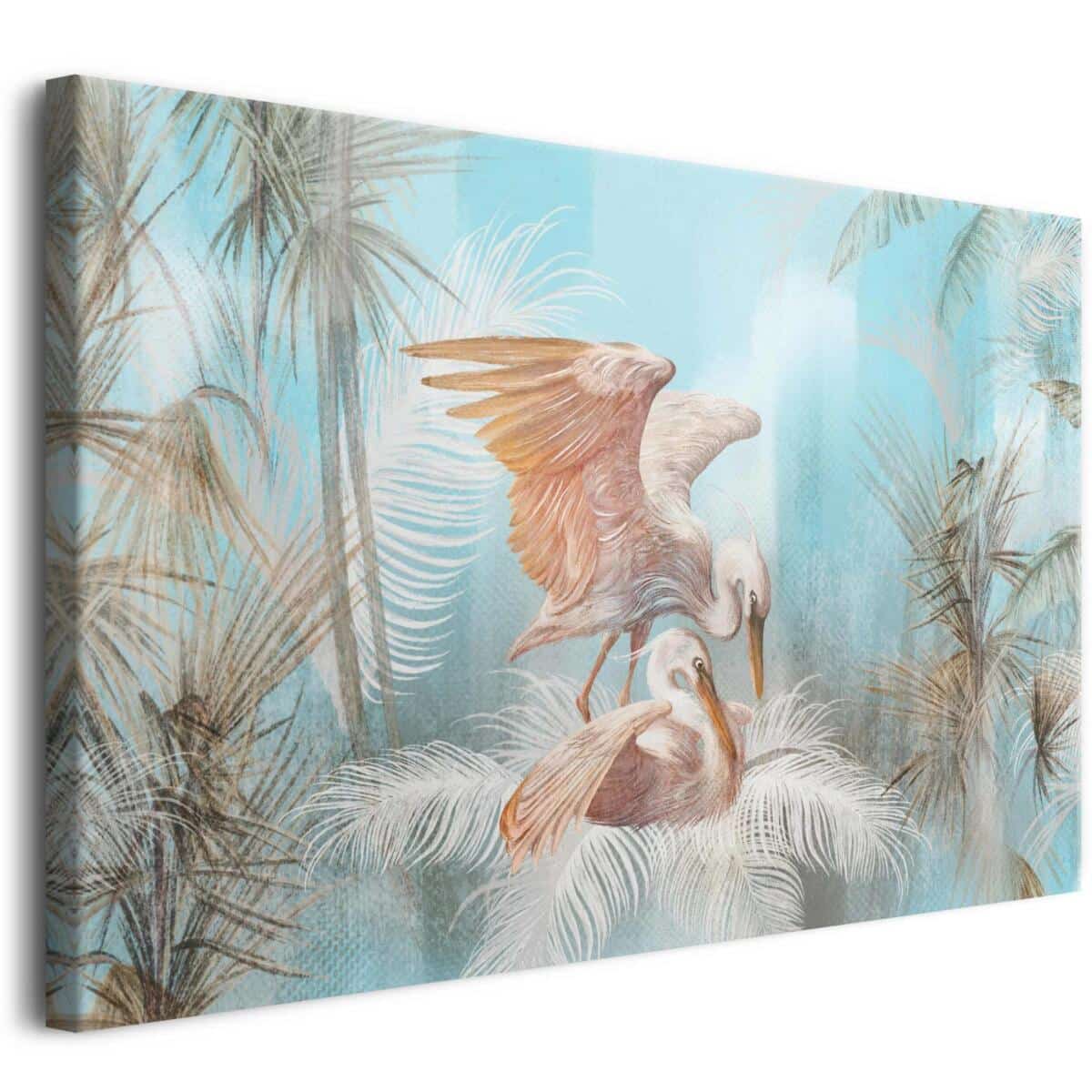 Dekoracja w stylu boho- Spokojny pejzaż w pastelowych barwach | Żurawie i Tropikalne Palmy- Spokojny obraz na płótnie 68135