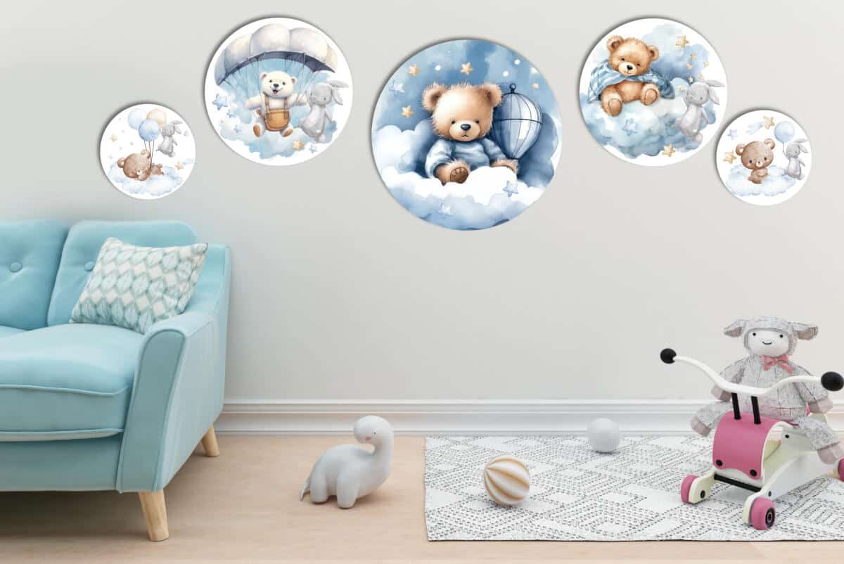 Okrągłe obrazy dla dzieci- Misie na chmurkach | Niebieskie obrazki do pokoju chłopca 42189 - zdjęcie 4