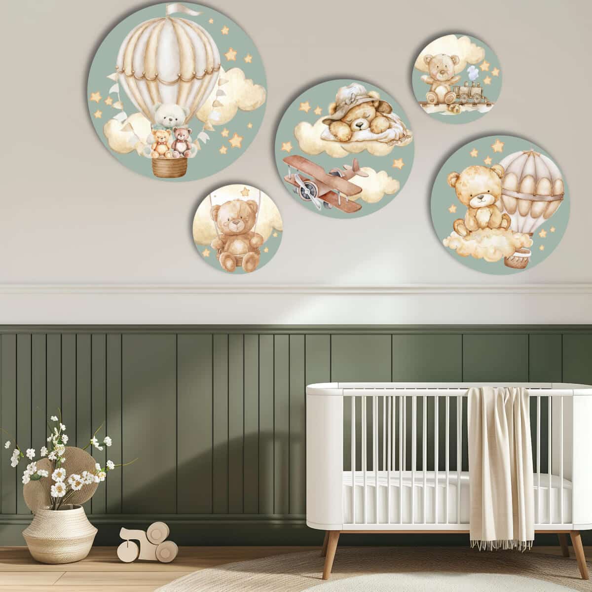 Okrągłe obrazy dla dzieci - Misie w chmurach | Pastelowa dekoracja ścienna do pokoju niemowlaka 42188 - zdjęcie 2