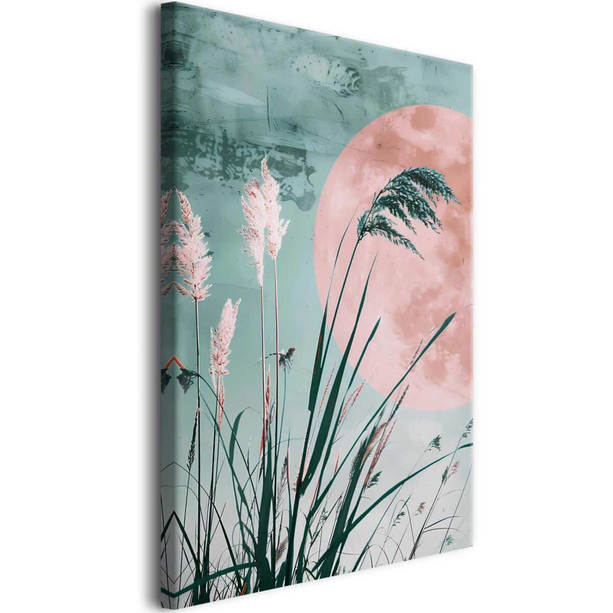 Subtelny Obraz na płótnie – Trawy ozdobne i różowy księżyc | Pastelowa dekoracja ścienna do salonu i sypialni 68189