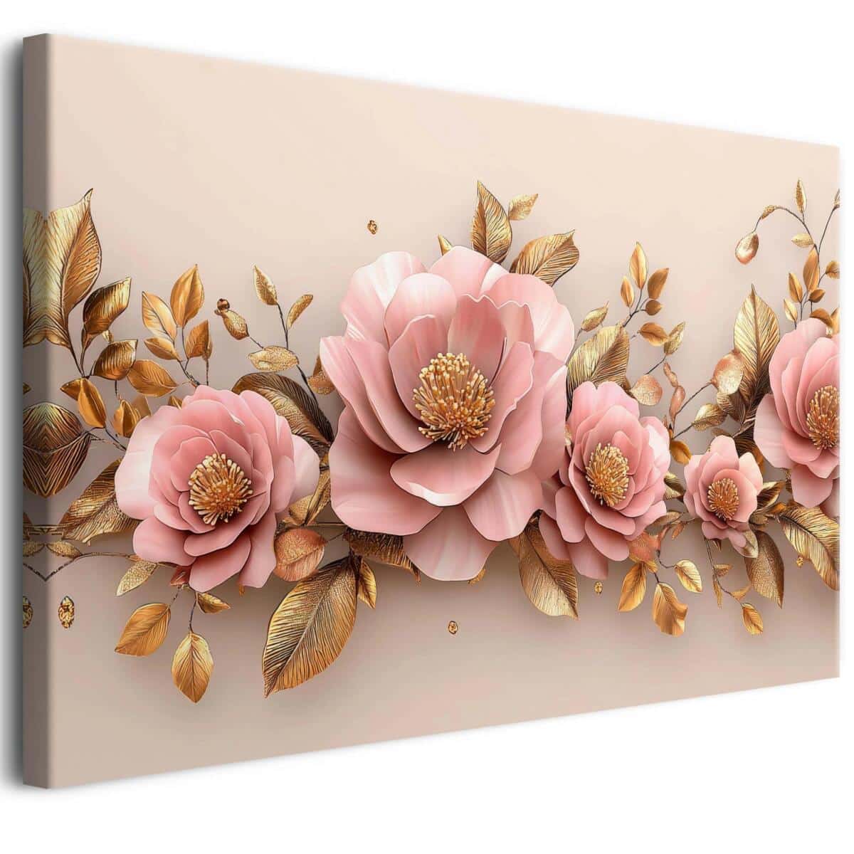 Różowe kwiaty i złote liście – Obraz na płótnie do nowoczesnych wnętrz | Dekoracja glamour do sypialni 68220