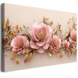 Różowe kwiaty i złote liście – Obraz na płótnie do nowoczesnych wnętrz | Dekoracja glamour do sypialni 68220 - miniaturka 1