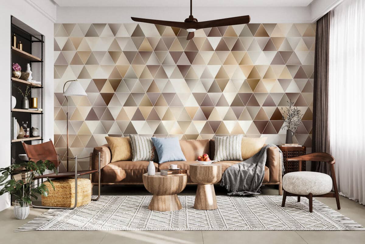 Nowoczesna Fototapeta 3D Trójkąty | Tapeta do salonu w odcieniach beżu, brązu, złota 94250 - zdjęcie 2