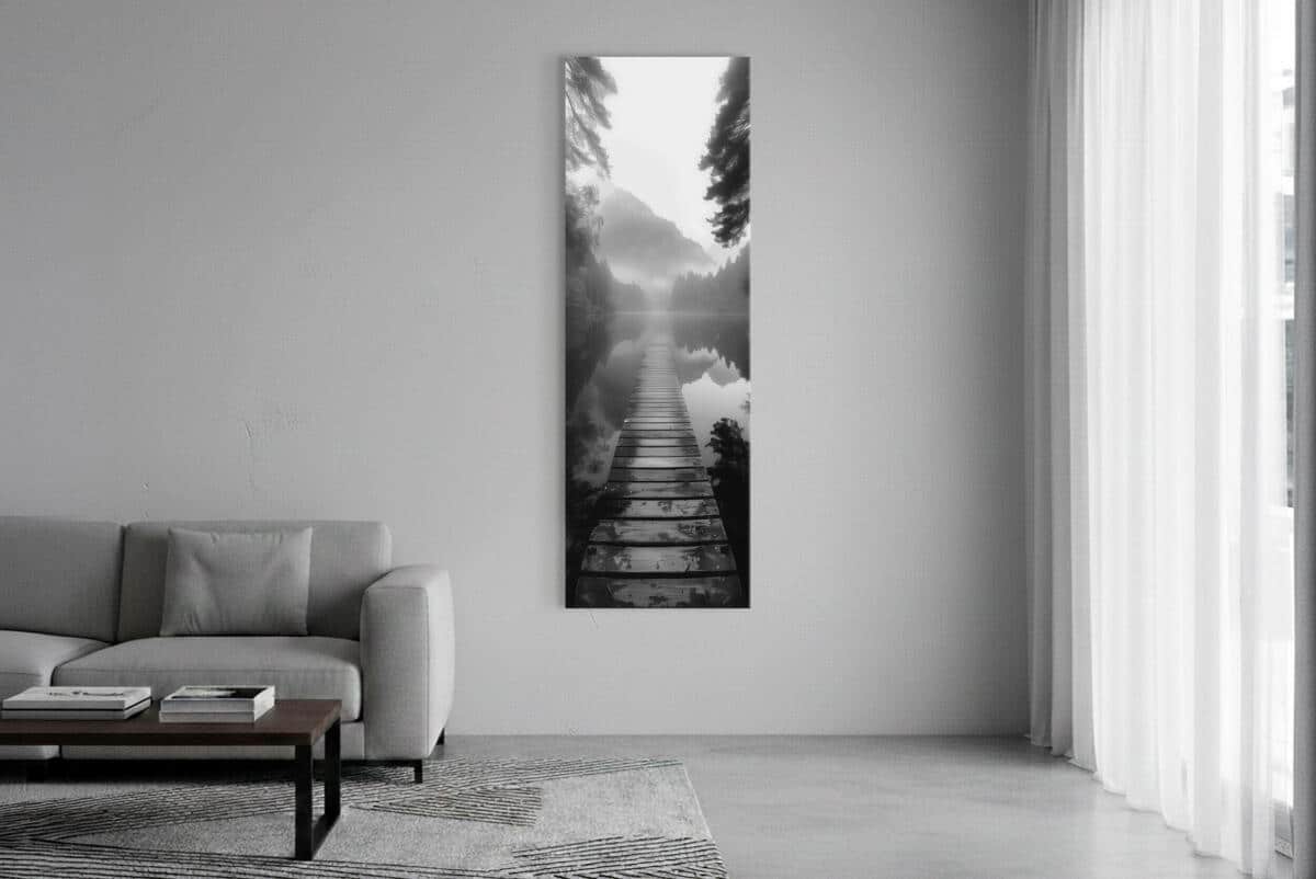 Czarno-biały Obraz na płótnie- Jezioro, Pomost i Góry | Nastrojowy Krajobraz na ścianę 94235 - zdjęcie 5