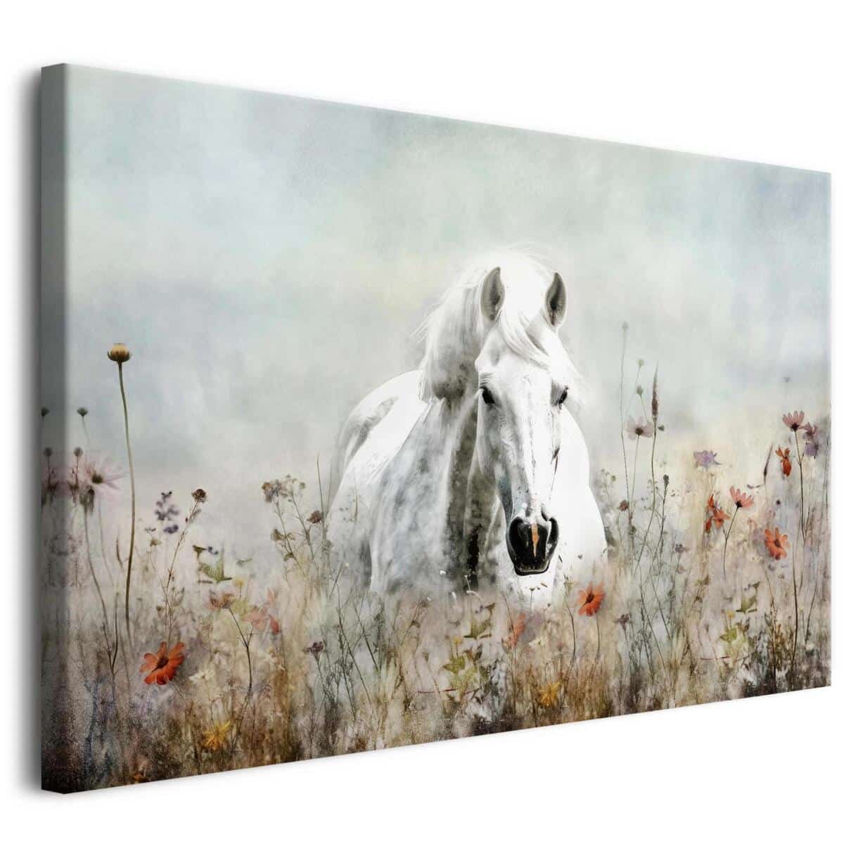 Romantyczny obraz na płótnie: Biały Koń wśród polnych kwiatów |  Dekoracja ścienna w stylu boho, rustykalnym 20968